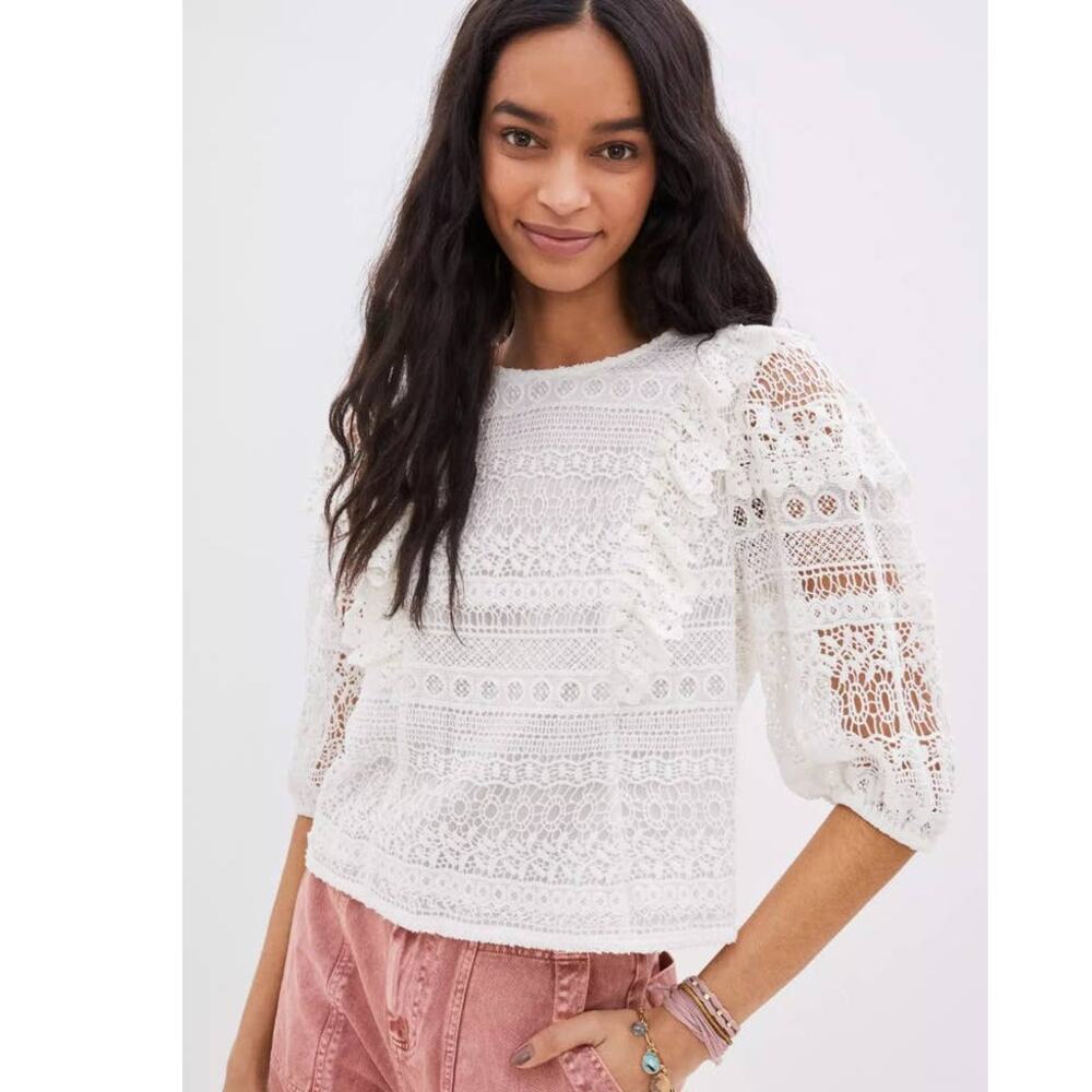 New Anthropologie SEEN WORN KEPT Serena Lace Blouse $148 SMALL Ivory